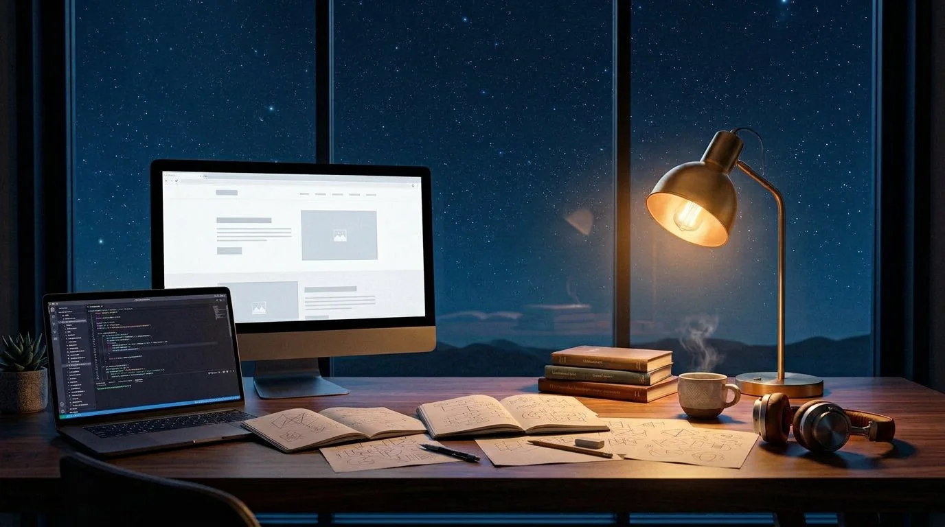 میز کار با نمایشگر و دفترهای طراحی هویت برند در نور شب