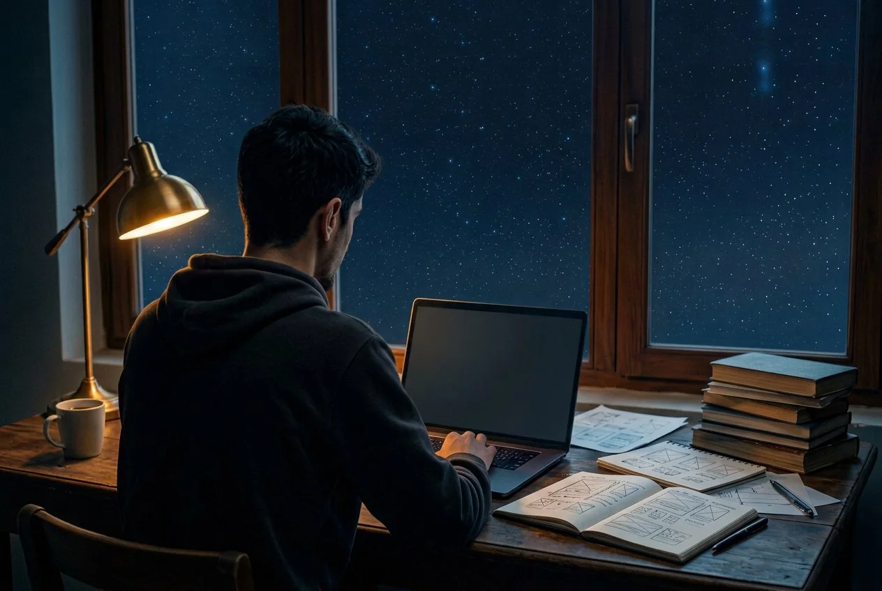 فضای کار شخصی امیر سعادتی در شب، با نور گرم و میز پر از ابزار